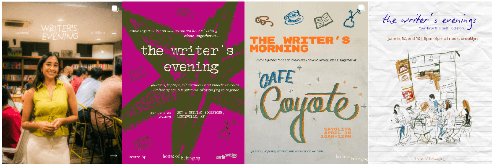 A horizontal collection of Writers' Evening posters showing several visual identities and event formats across different locations.