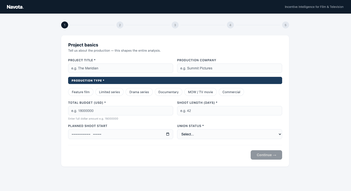 Navota intake form collecting production type, budget, shoot length, labor assumptions, credit preferences, and recovery priorities.