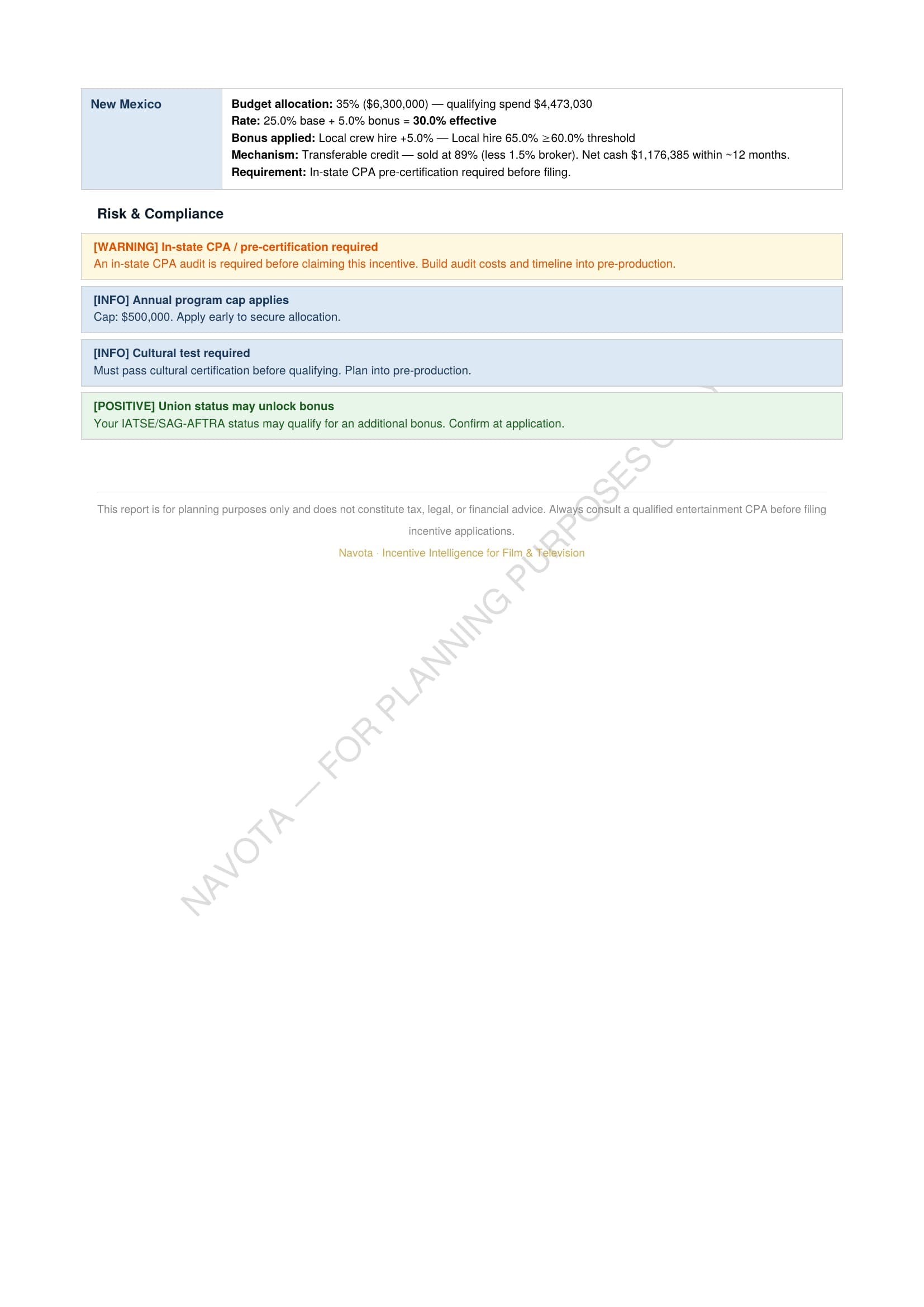 Navota report page 3: blue-sky scenario jurisdiction detail and closing planning-purposes disclaimer.