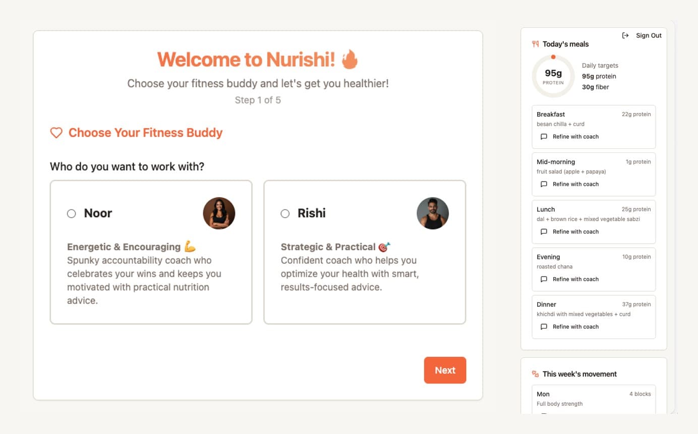 Nurishi onboarding and first-plan screens showing the meal skeleton and protein target delivered right after onboarding.