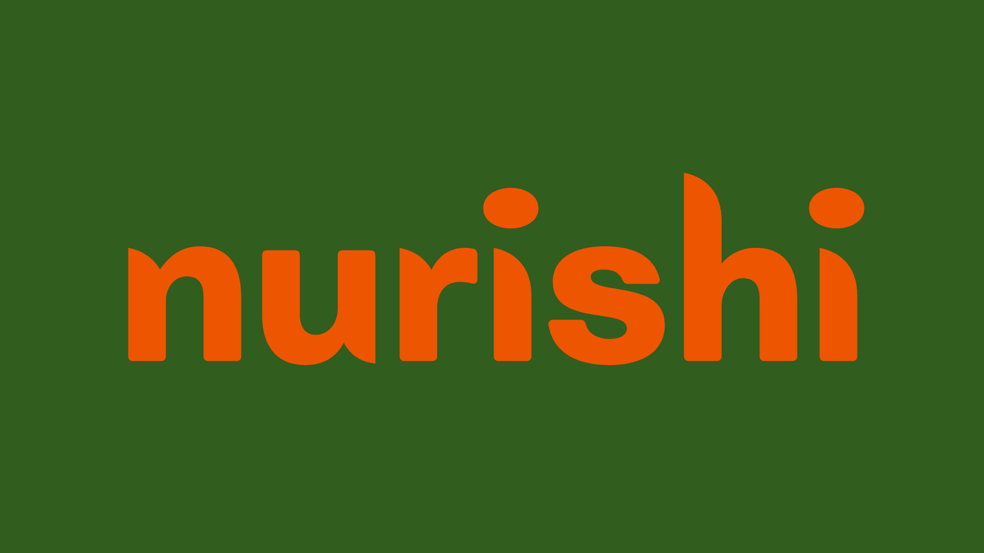 Nurishi wordmark in orange lettering on a dark green field.