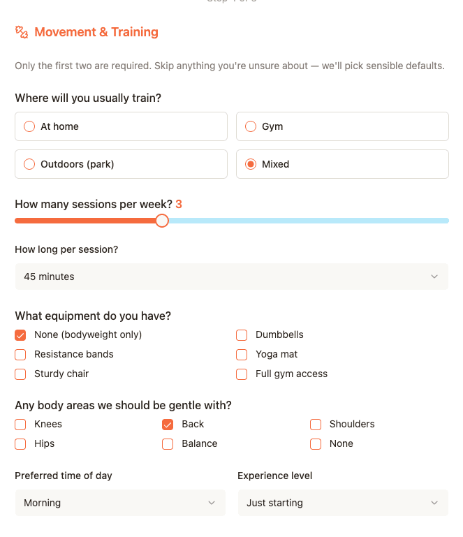The Nurishi Fitness Context onboarding step capturing equipment, session length, and mobility limits.