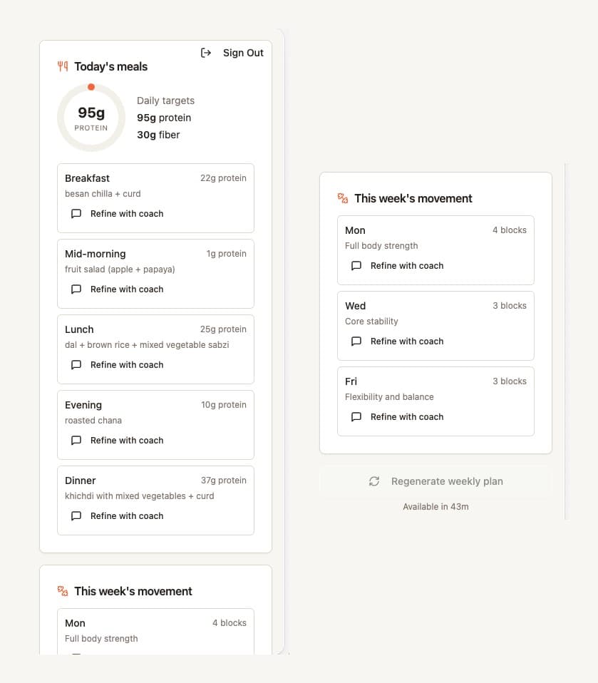 The Nurishi plan sidebar shown alongside the chat, with the meal skeleton, protein target, and weekly workout visible.