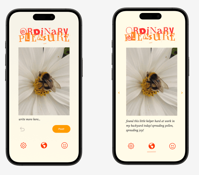 Two Ordinary Pleasures phone screens showing a bee photograph being captioned and the completed pleasure post.