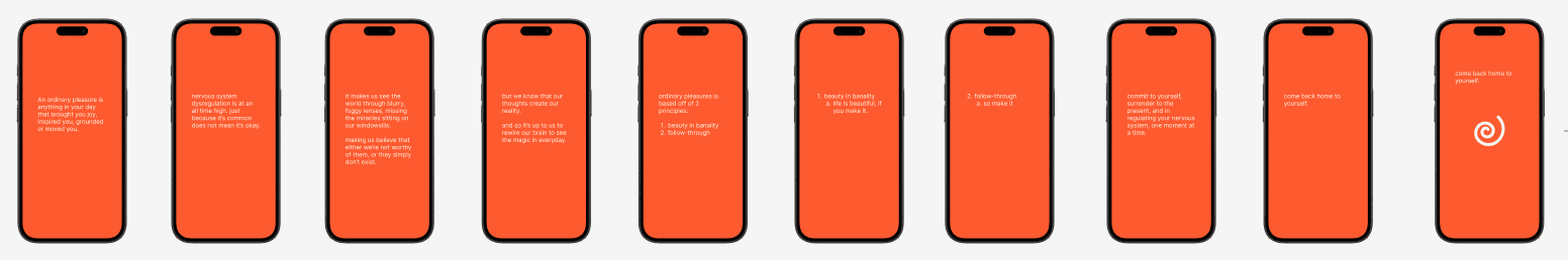A sequence of orange Ordinary Pleasures onboarding screens explaining beauty in banality, follow-through, and returning attention to everyday life.