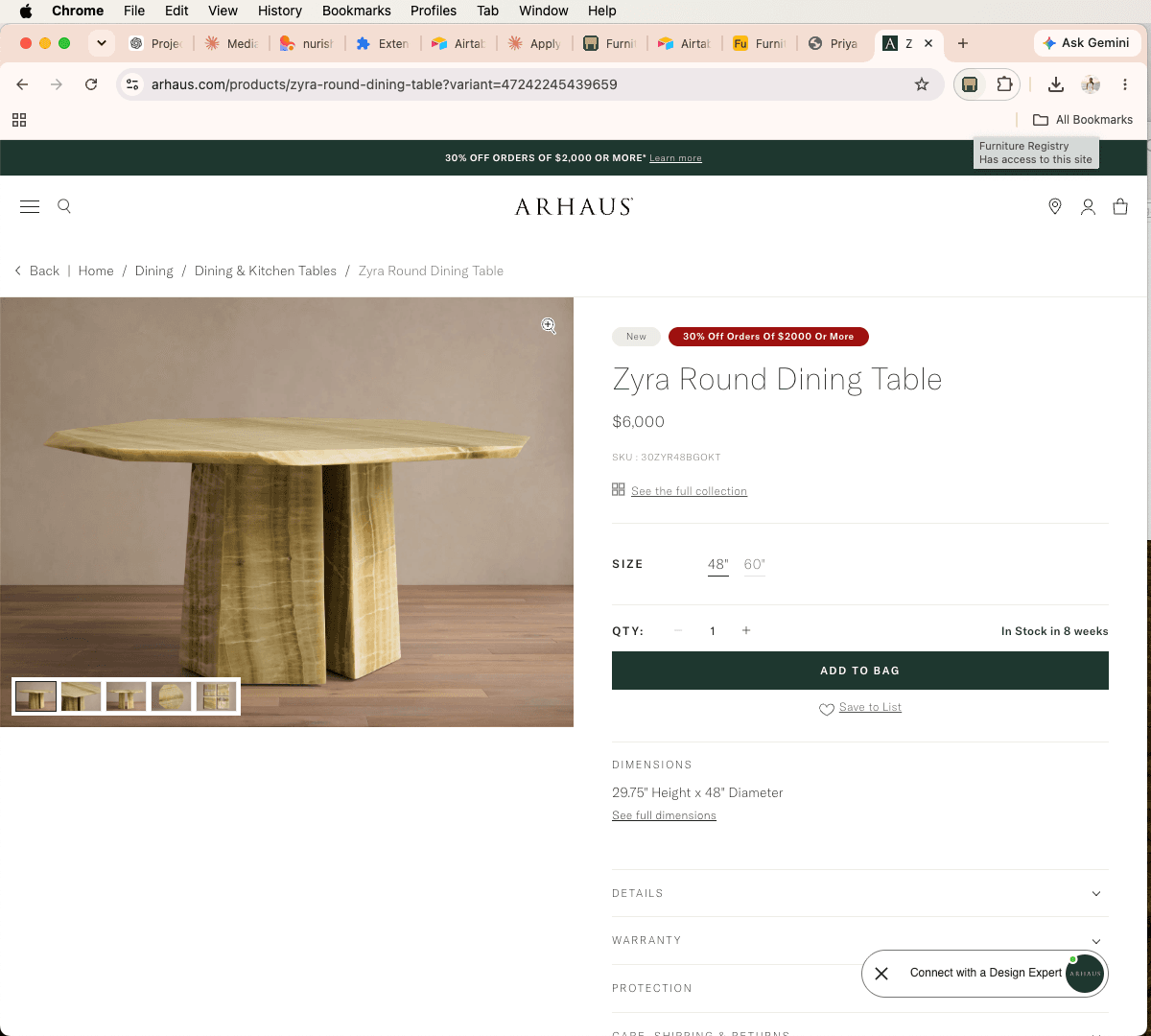 An Arhaus product page with the place by pcp Chrome extension active in the browser.