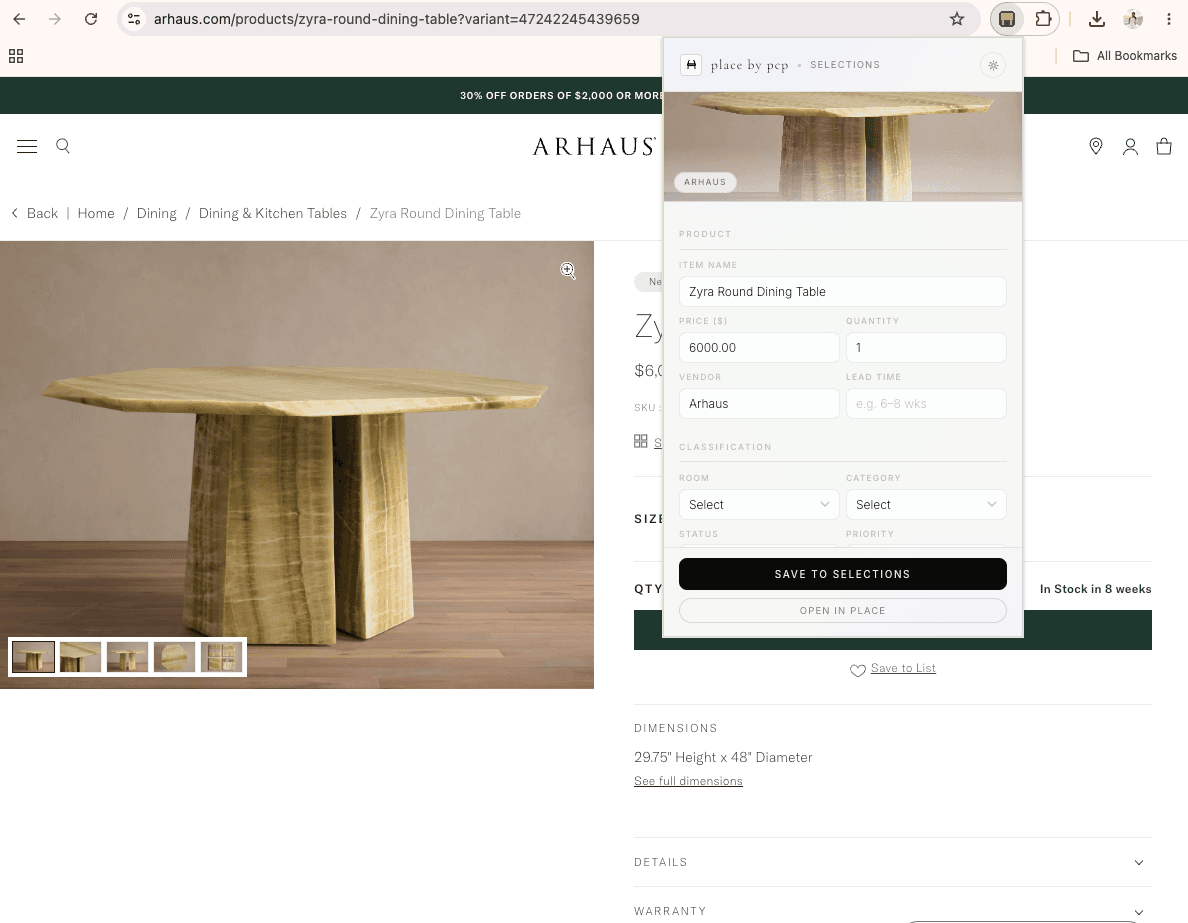 The place by pcp extension displaying an extracted product image, name, price, vendor, room, category, status, and priority fields.