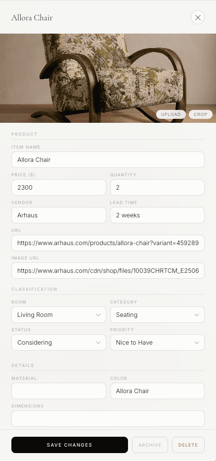 The place by pcp item editor showing product details, classification, status, priority, archive, and delete controls.