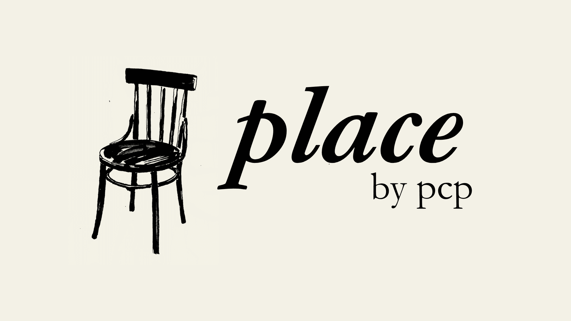 place by pcp wordmark beside a sketched chair illustration on a cream field.