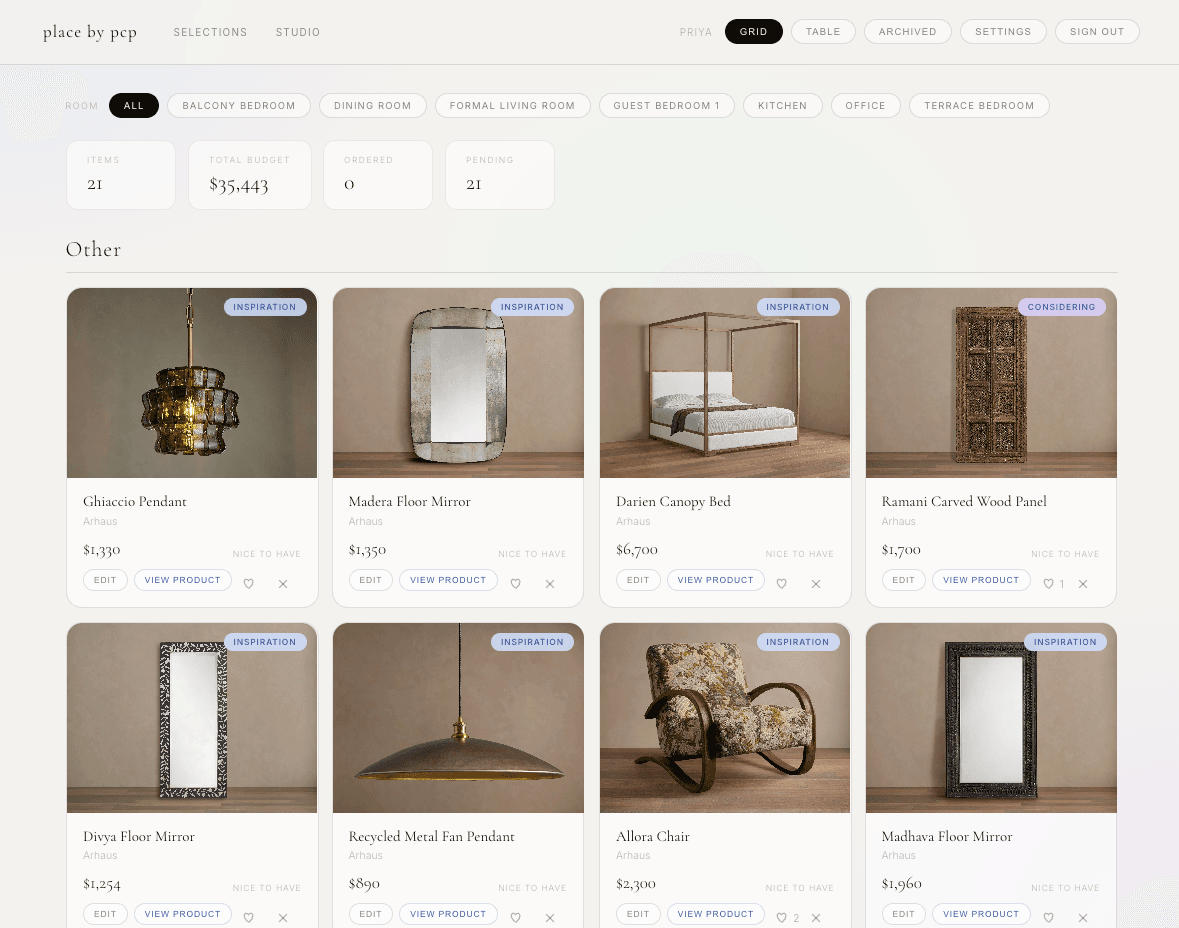 Two place by pcp screens showing the structured product-selection registry and the visual per-room Studio moodboard.